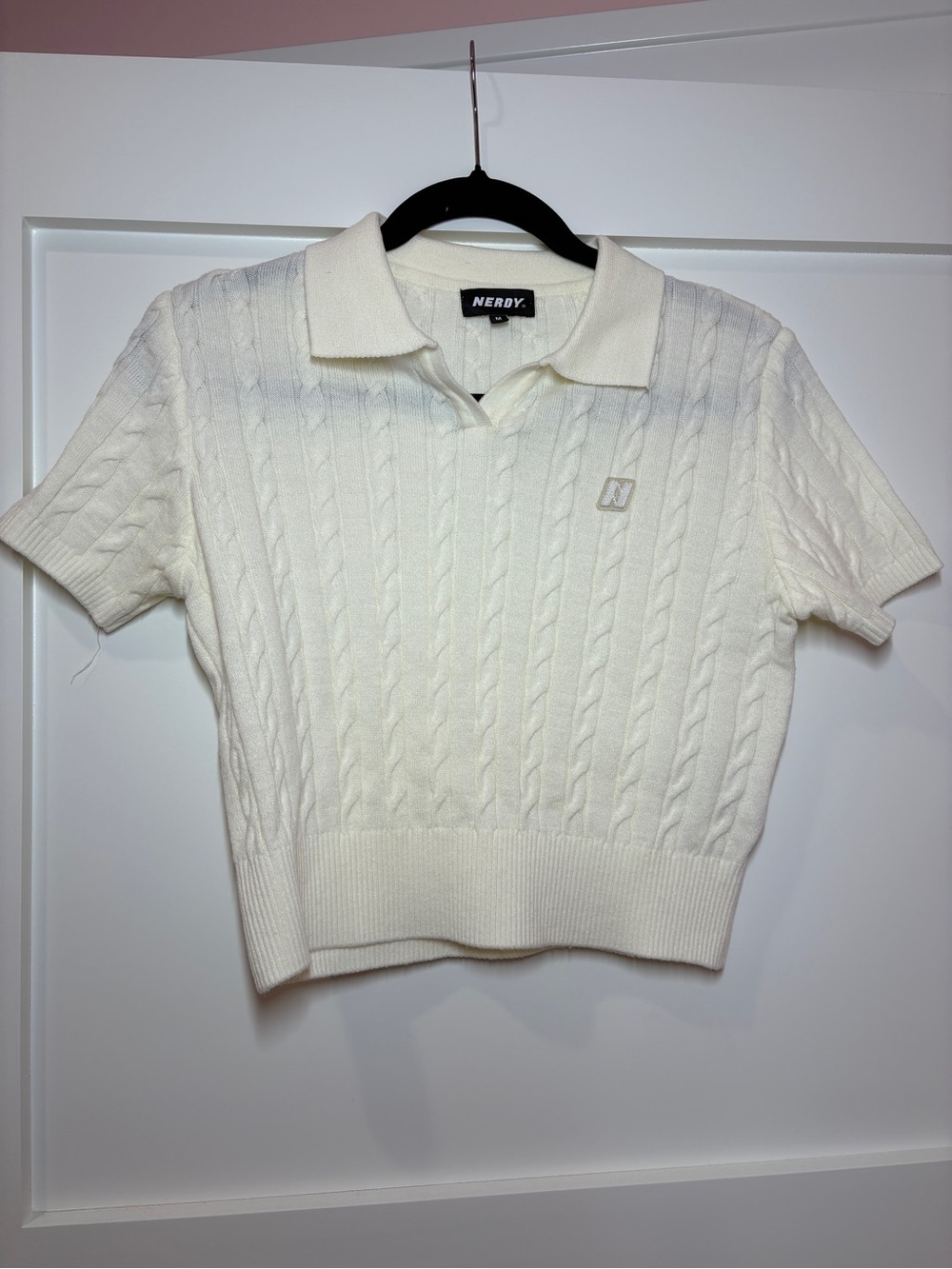 Women's Cream Cable-Knit V-Neck Polo Sweater